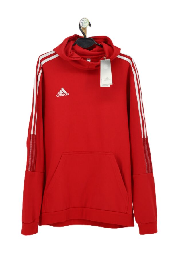 Oryginalna czerwona bluza z kapturem Adidas z papierową metką producenta.