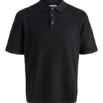 Koszulka polo czarna z dzianiny swetrowej Jack & Jones przód.