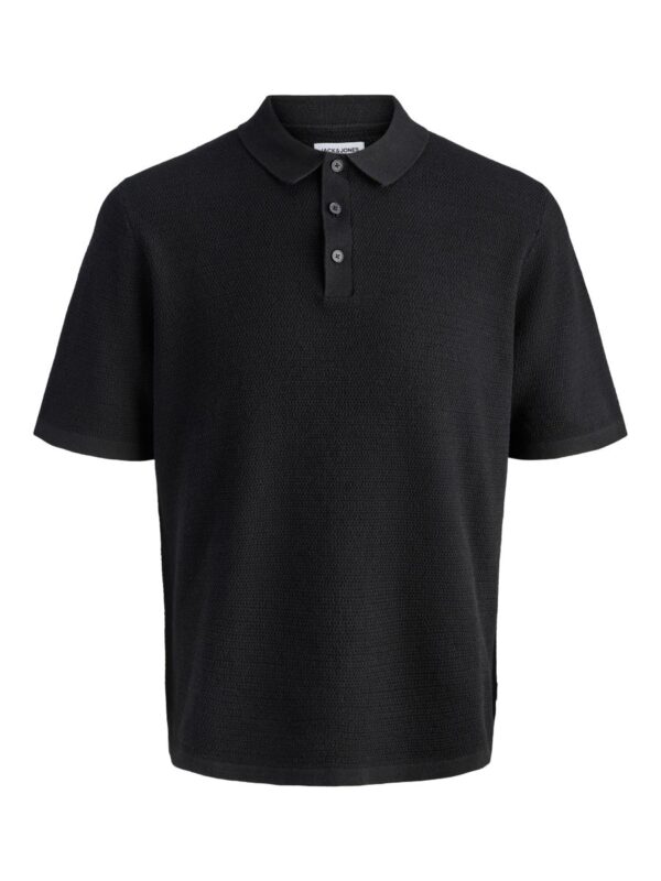 Koszulka polo czarna z dzianiny swetrowej Jack & Jones przód.