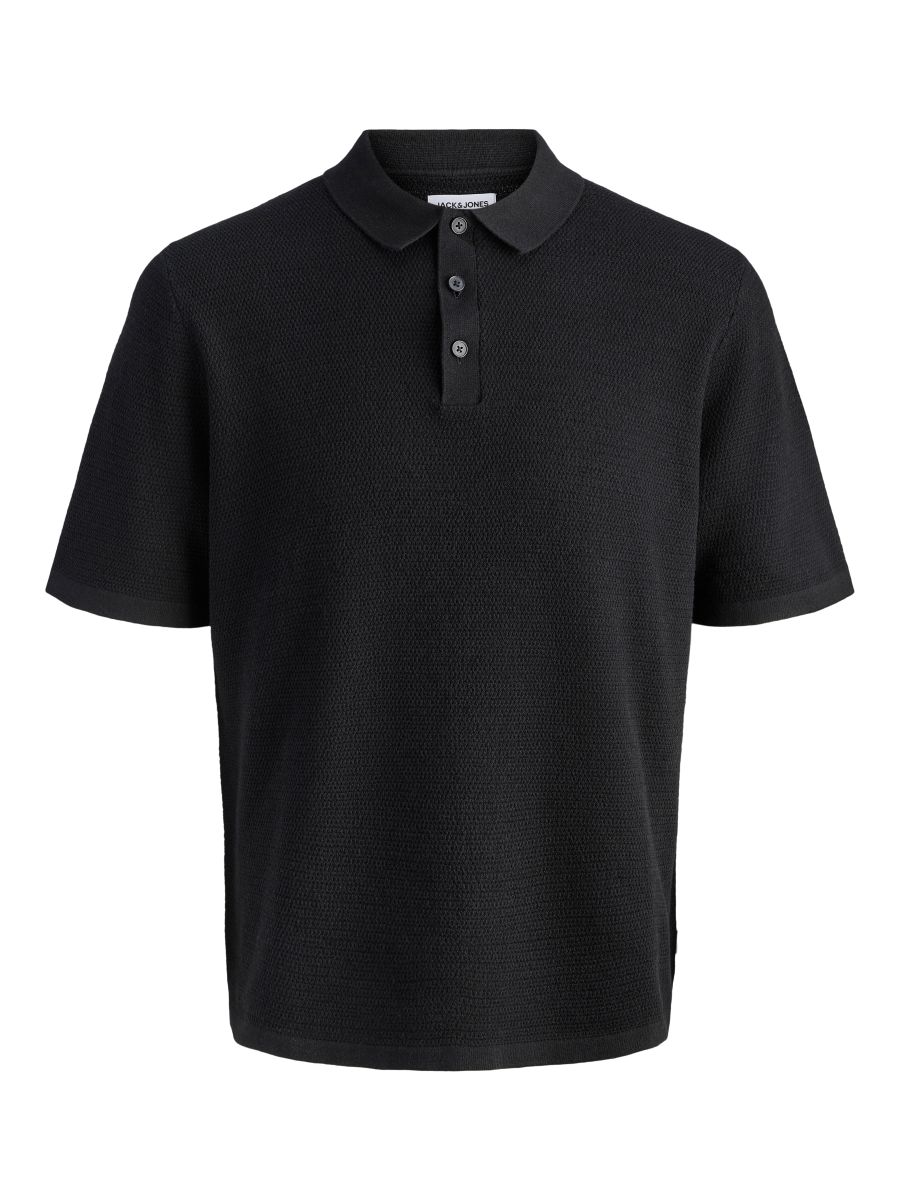 Koszulka polo czarna z dzianiny swetrowej Jack & Jones przód.
