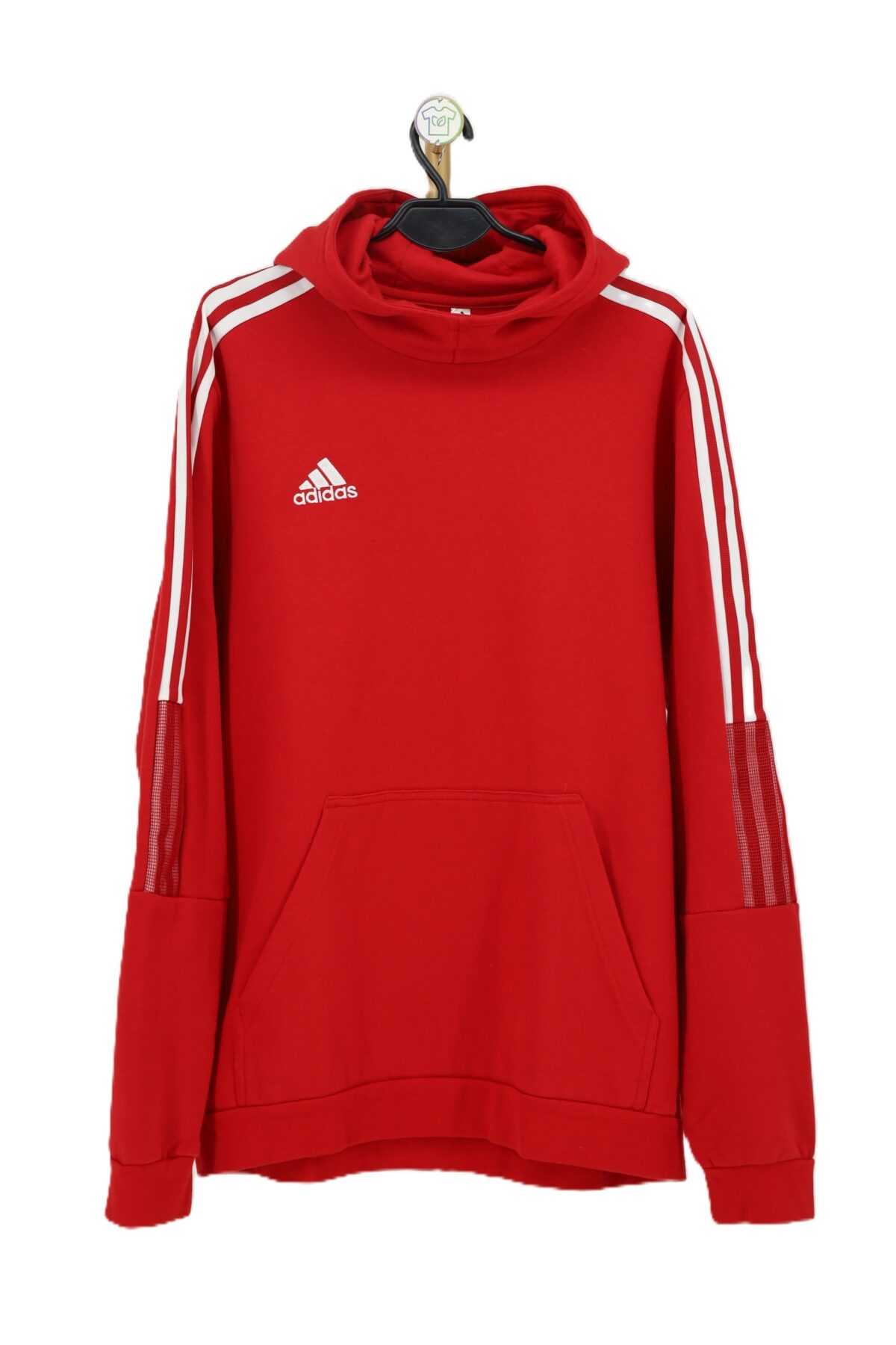 bluza Adidas czerwona z kapturem Adidas z białymi paskami na ramionach przód na wieszaku.