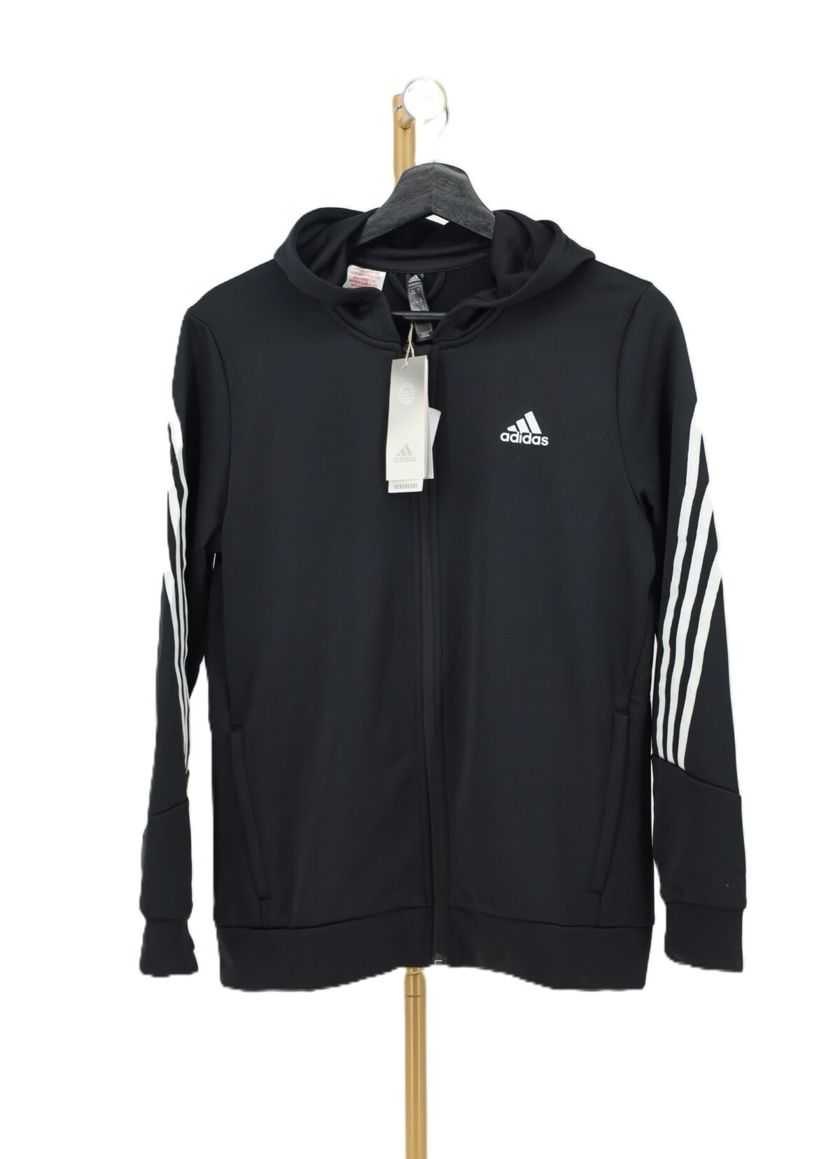 Adidas bluza rozpinana czarna z kapturem młodzieżowa z białymi paskami na ramionach na wieszaku.