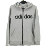 Bluza Adidas szara rozpinana z kapturem z dużym czarnym napisem przód.