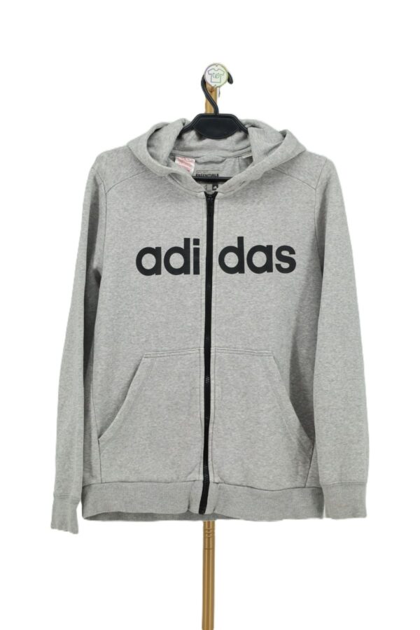 Bluza Adidas szara rozpinana z kapturem z dużym czarnym napisem przód.