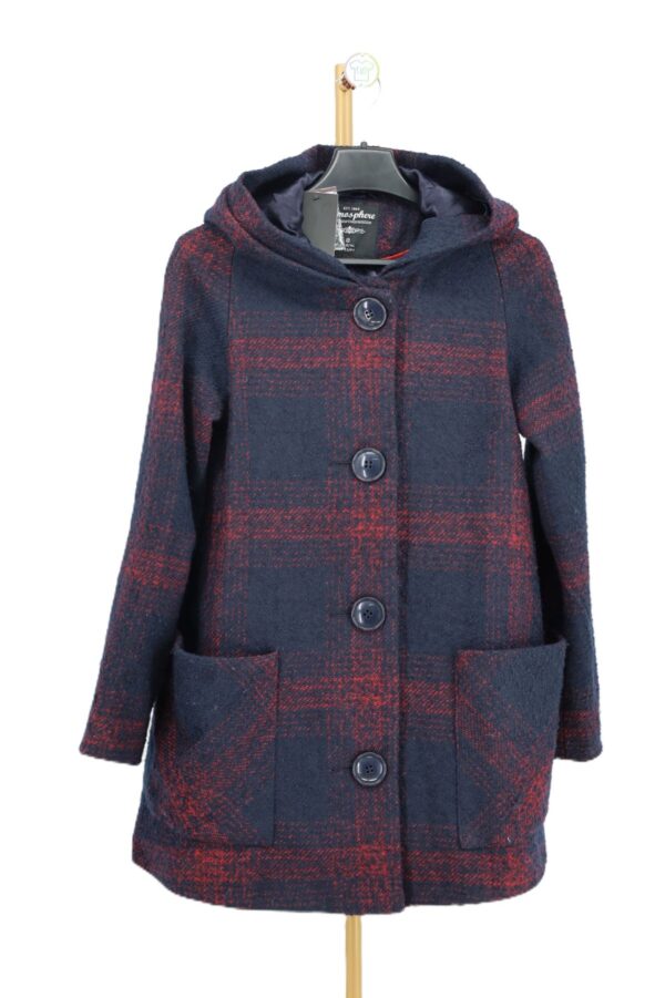 Krótki damski płaszcz z kapturem w kratę tartan Atmosphere – sklep Attic-Shop
