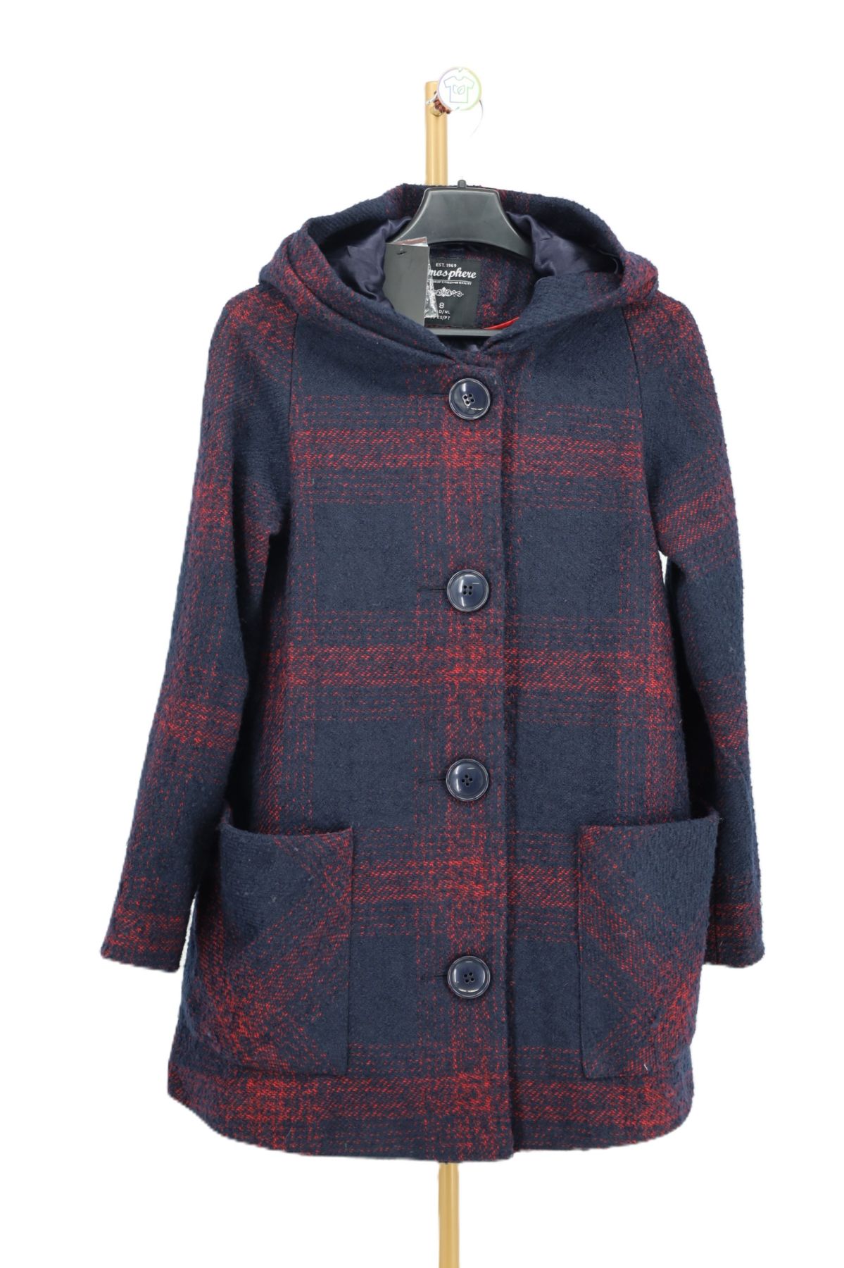 płaszcz z kapturem Krótki damski płaszcz z kapturem w kratę tartan Atmosphere – sklep Attic-Shop