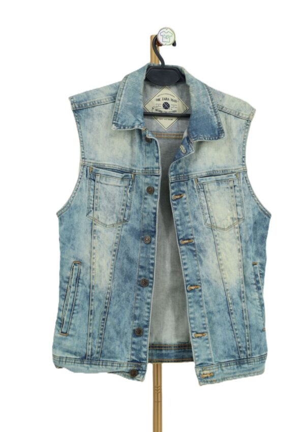 Męska kamizelka jeansowa acid wash Zara Man z kołnierzykiem przód.