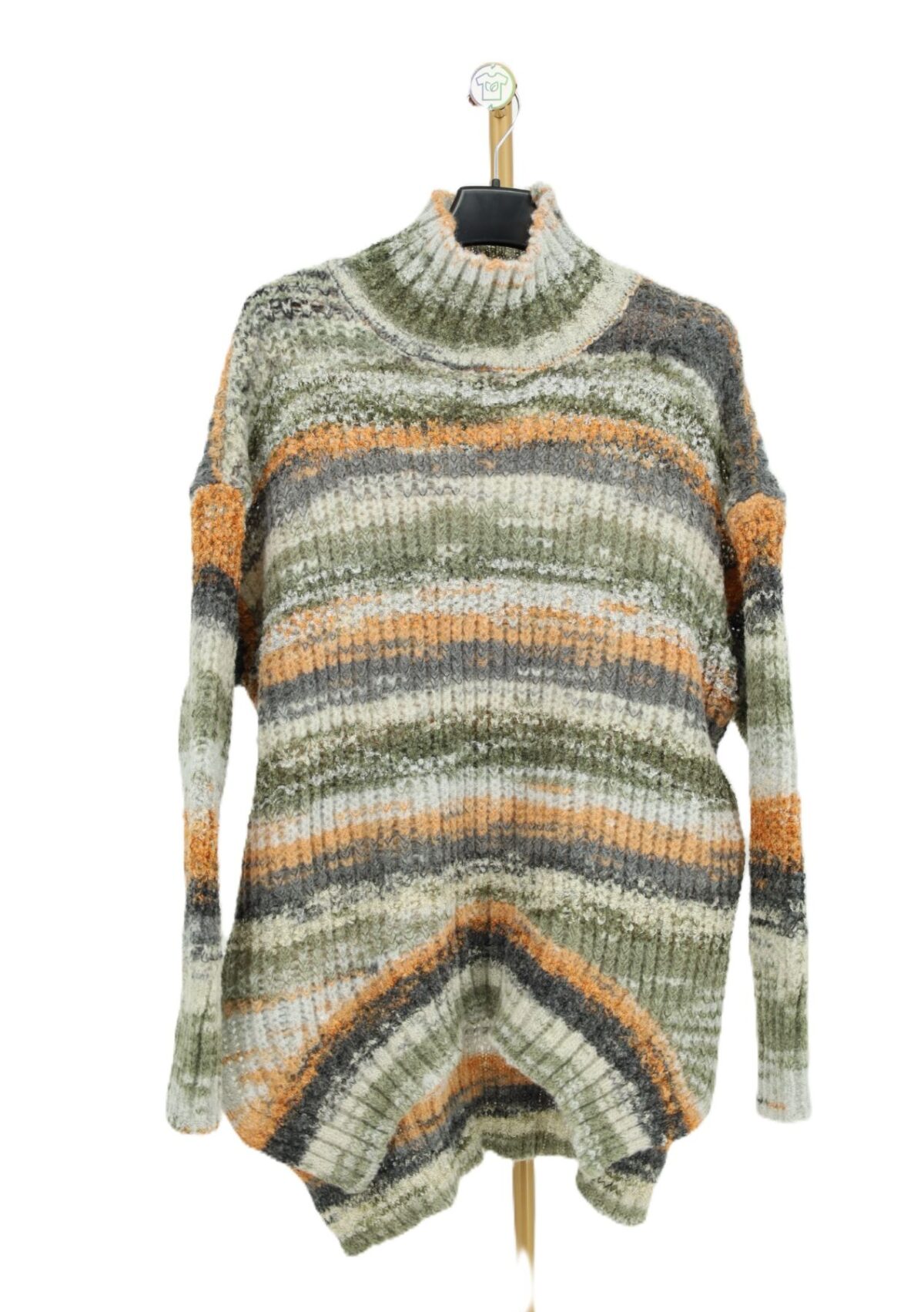 Kolorowy sweter damski z półgolfem oversize Sorbet w pasy przód.