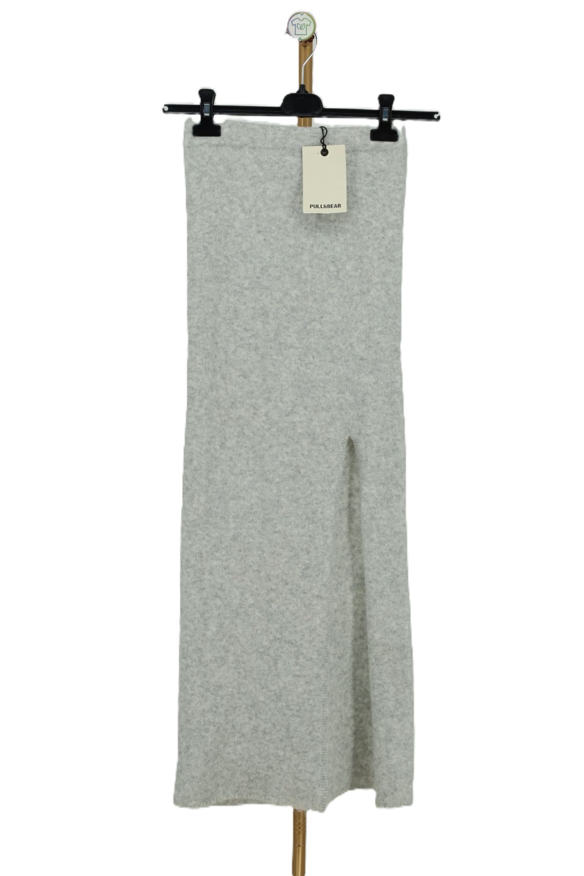 Szara spódnica dzianinowa maxi z rozcięciem Pull&Bear przód z metką.