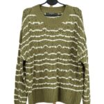 Oliwkowy damski sweter ażurowy w białe paski Primark przód.