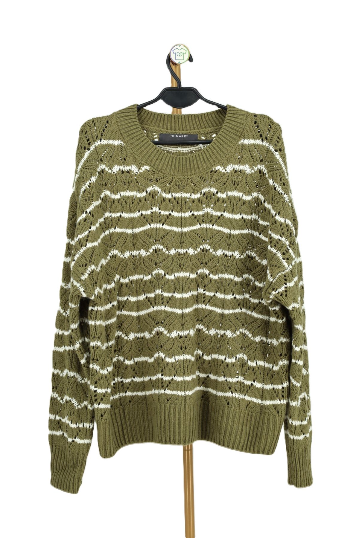 sweter ażurowy Oliwkowy damski sweter ażurowy w białe paski Primark przód.