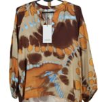 Brązowa damska wiskozowa bluzka w plamy tie dye Sorbet przód z metką.
